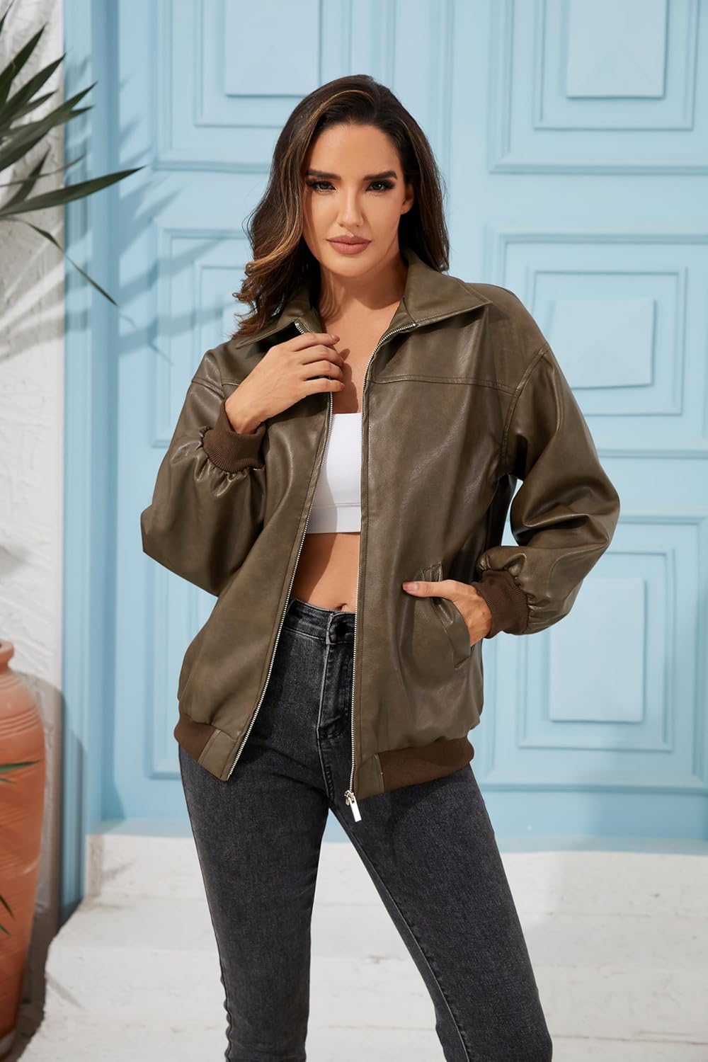 Leather Jacket Women Vintage Washed Faux Oversized Casual Motorcycle Biker Bomber Coats With Pockets 2025 Y2K Trendy - Image 3