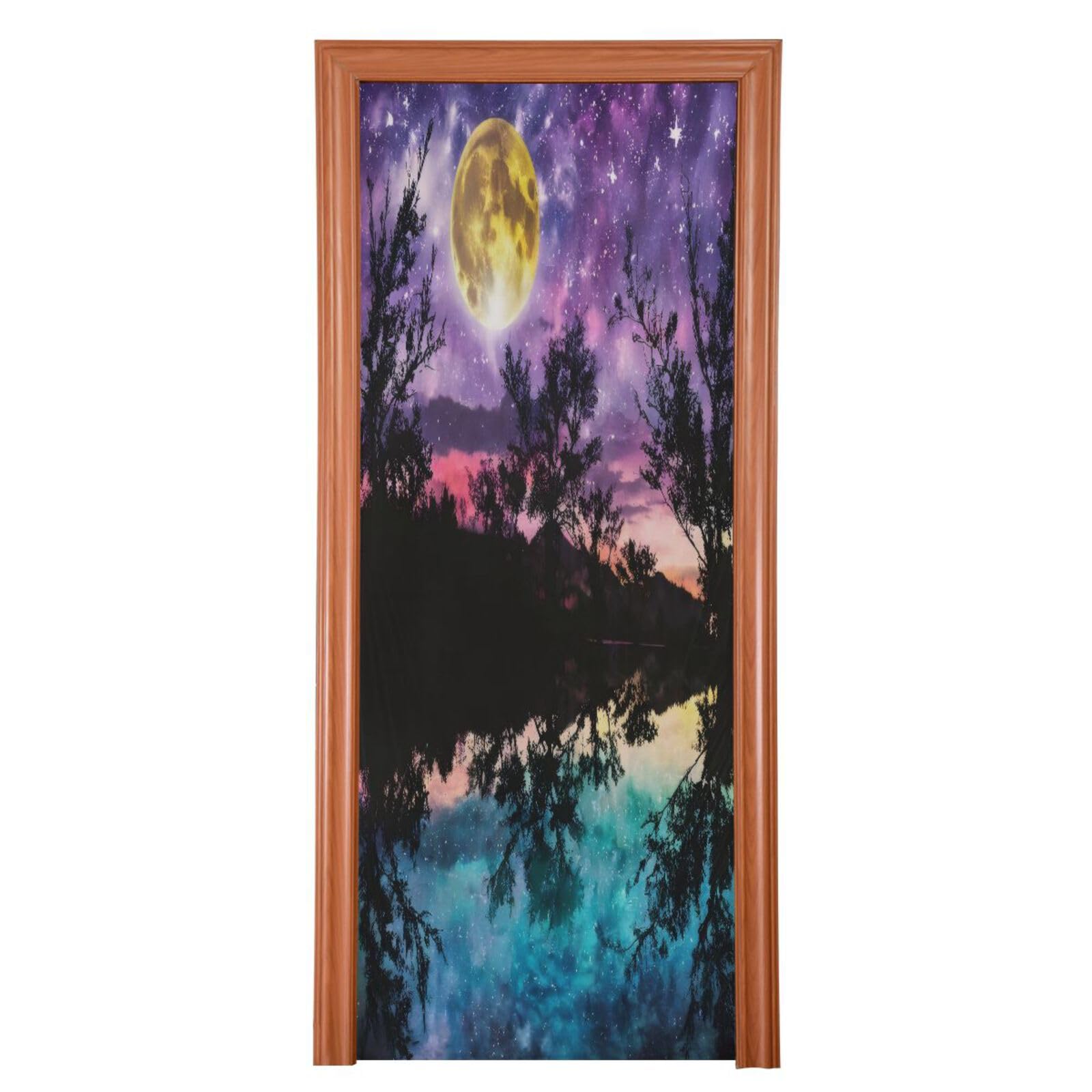 FLildon Lake Moonlight Stars Trees Door Cover Decoration, Party Accessory Porch Decor for Festive Ornament Room Door Covers 35 x 79 Inch