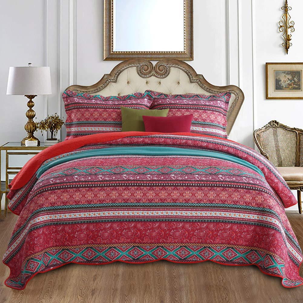 Travan 3-Piece Cotton Queen Quilt Set Oversized Soft Boho Bedspread Bedding Set, Red Striped Bohemian Style, Queen Size