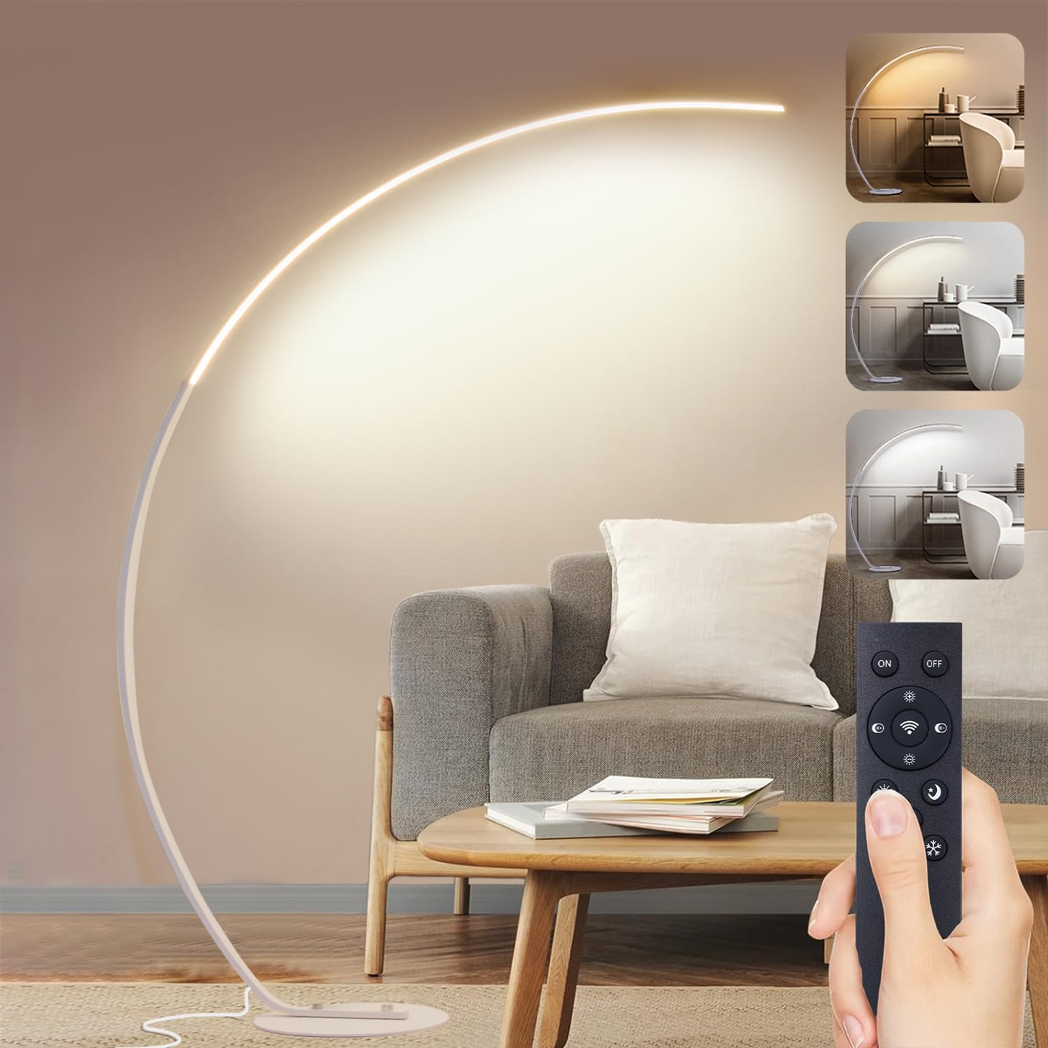 Linkenail Women's White Led Arc Floor Lamp For Living Room, 25W Bright Modern Standing Lamp With Remote Control, Stepless Dimmable & Memory Function, Heavy Base Tall Corner Reading Lamps For Bedroom, Office, Gold, 165Cm