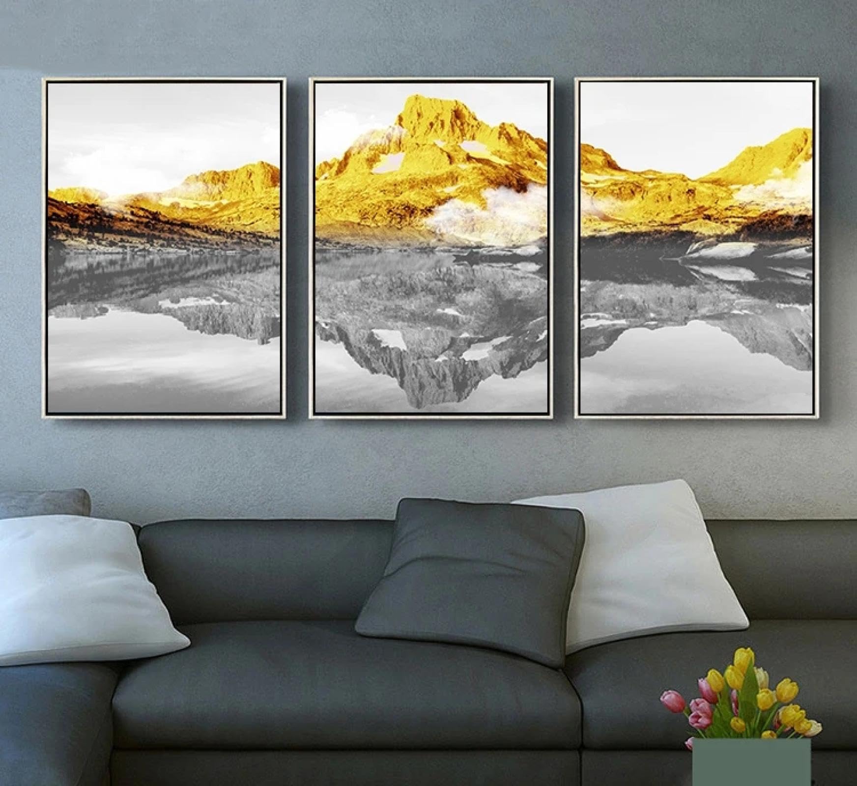 Affiche montagne dorée triptyque pour fond de canapé de salon moderne - 8