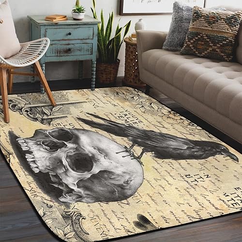 Alfombra de calavera de Halloween para sala de estar, dormitorio, 4 x 6 pies, alfombra vintage de cuervos negros para comedor, sala de juegos,