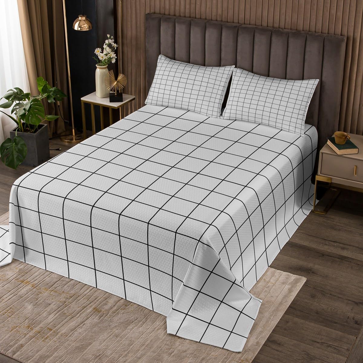 Castle Fairy Gray Grid Bedspread Set Queen Size for Kids,Boys Girls Square Lines Quilt Set Gray White Checkered Coverlet Geometric Bedspread 3 Piece Decorative Bedding Quilted with 2 Pillow Shams