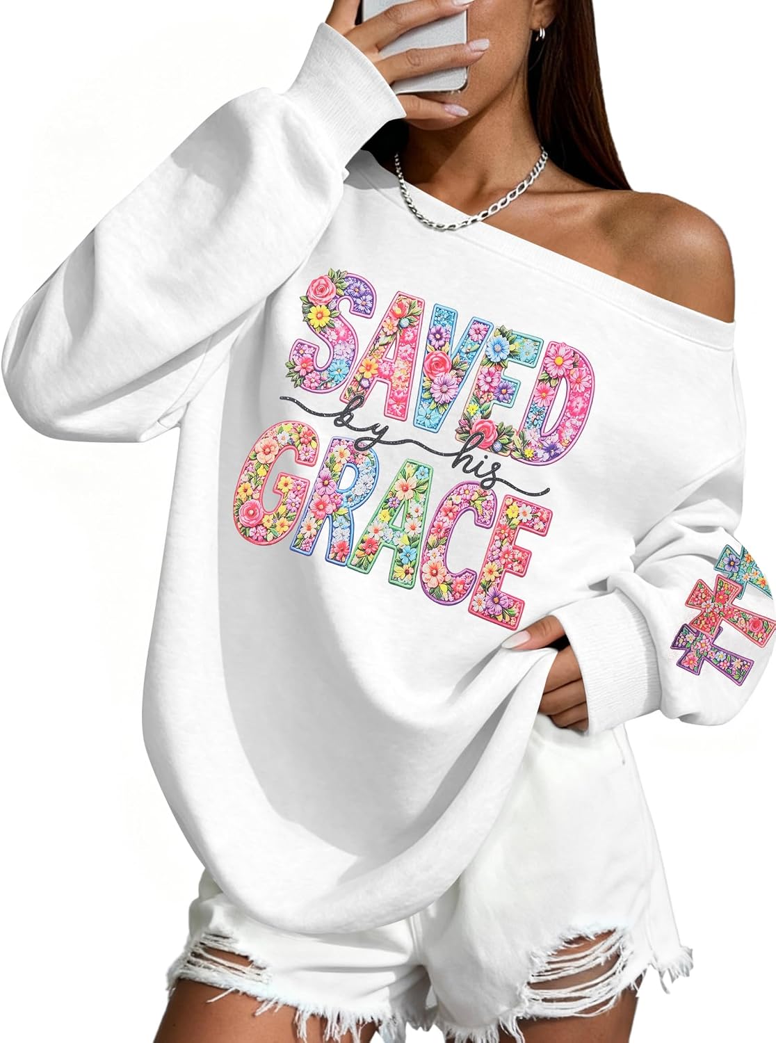 ALLTB Christian Sweatshirt for Women Off Shoulder Shirt Drop Shoulder Pullover Religious Faith Long Sleeve Casual Top