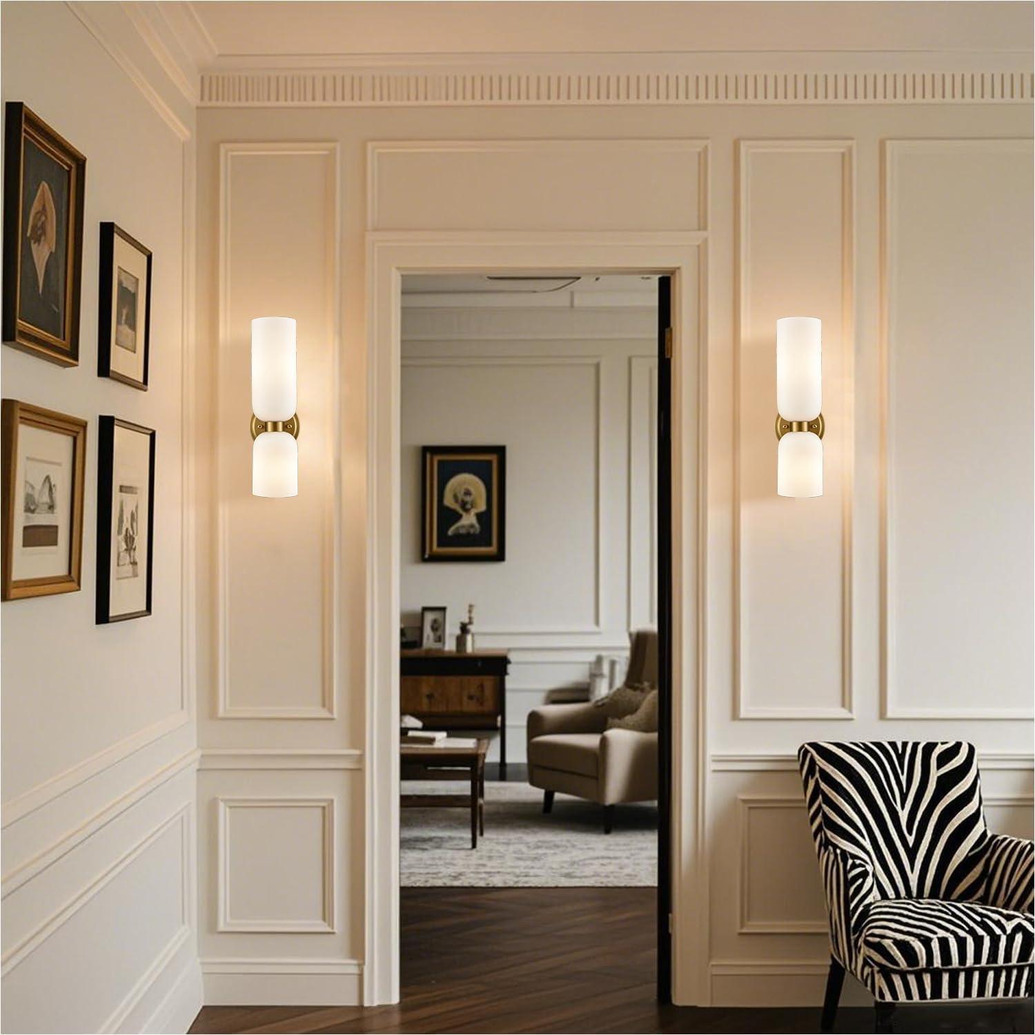 Gold Wall Sconces Set of Two 2-Light Modern Wall Light 3.93"(W)*15.4"(H) Bathroom Vanity Light Milky White Glass