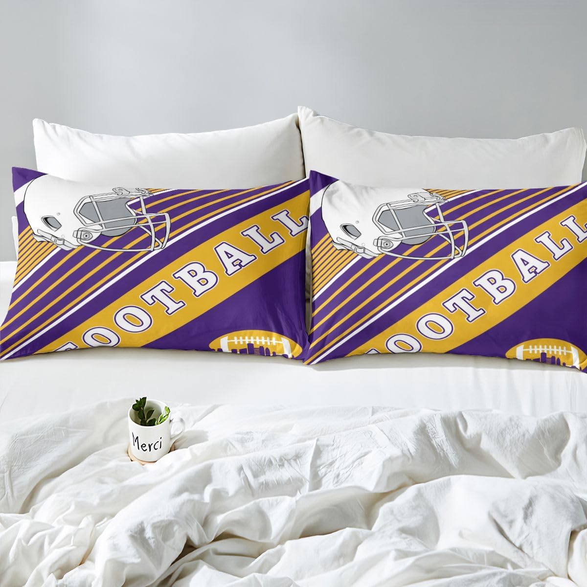Football Fans Gifts Bedding Set, Football Themed Full Fitted Sheet, Rugby Sports Game Bed Sheets Graffiti Striped Sheets 3 Pieces, Purple and Yellow