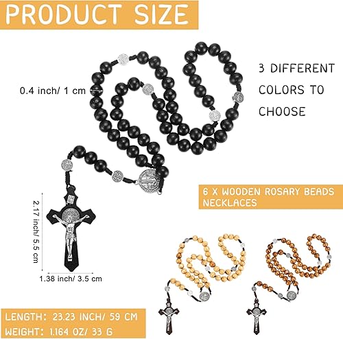 Miniatura 2 de Cunno 6 juegos de collar de cuentas de rosario de madera a granel para hombres y mujeres, rosarios católicos, collar de crucifijo, cuentas de