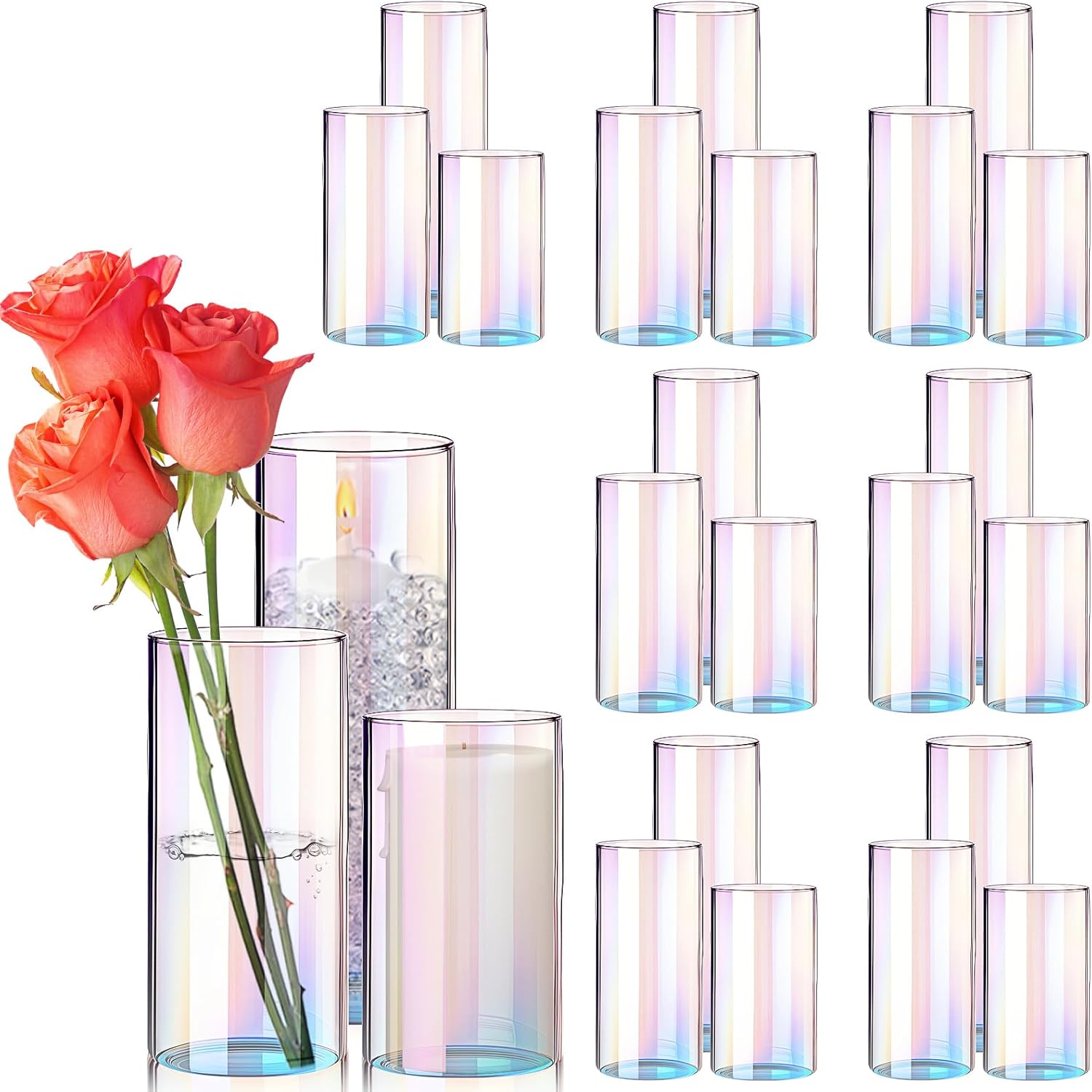 24 Pcs Glass Cylinder Vases Clear Flowers Vase Decorative Floating Candles Holders Table Centerpieces for Wedding Party Event Home Office Decor(Dazzling Color,2.8'' X 4.7'', 5.9'', 7.9'')