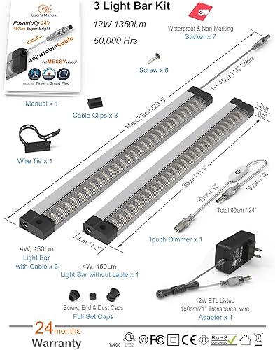 Miniatura 5 de Iluminación LED para debajo del gabinete, luz táctil para gabinete, cable ajustable integrado, sin cables desordenados, 3 paneles de luces