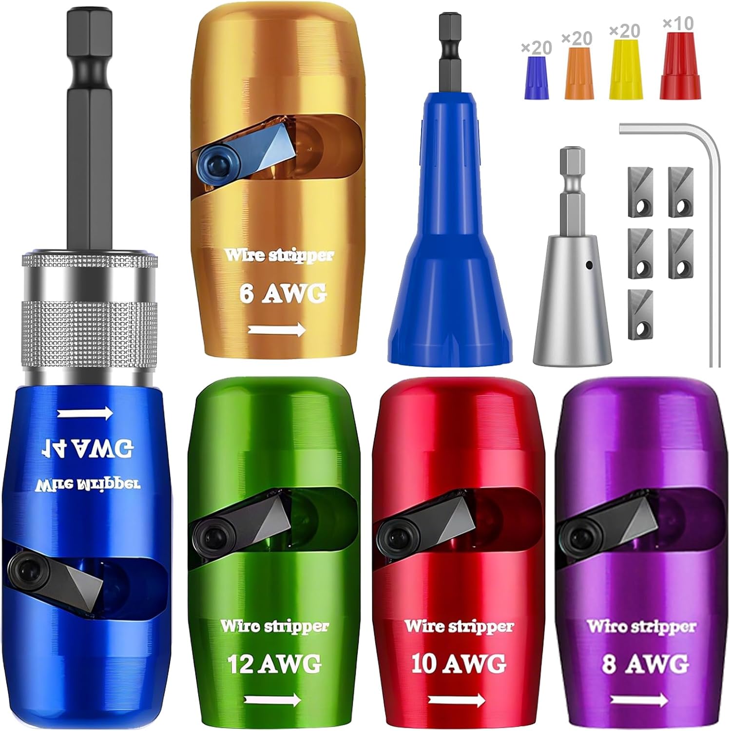 Wire Stripper Twister Tool for Drill,2025 Upgraded Wire Stripping Tool & Wire Twisting Connector for Cutters 6-14 AWG,8 In 1 Professional Electrician Twister Stripping with 70 PCS Wire Nut 5 PCS Blade
