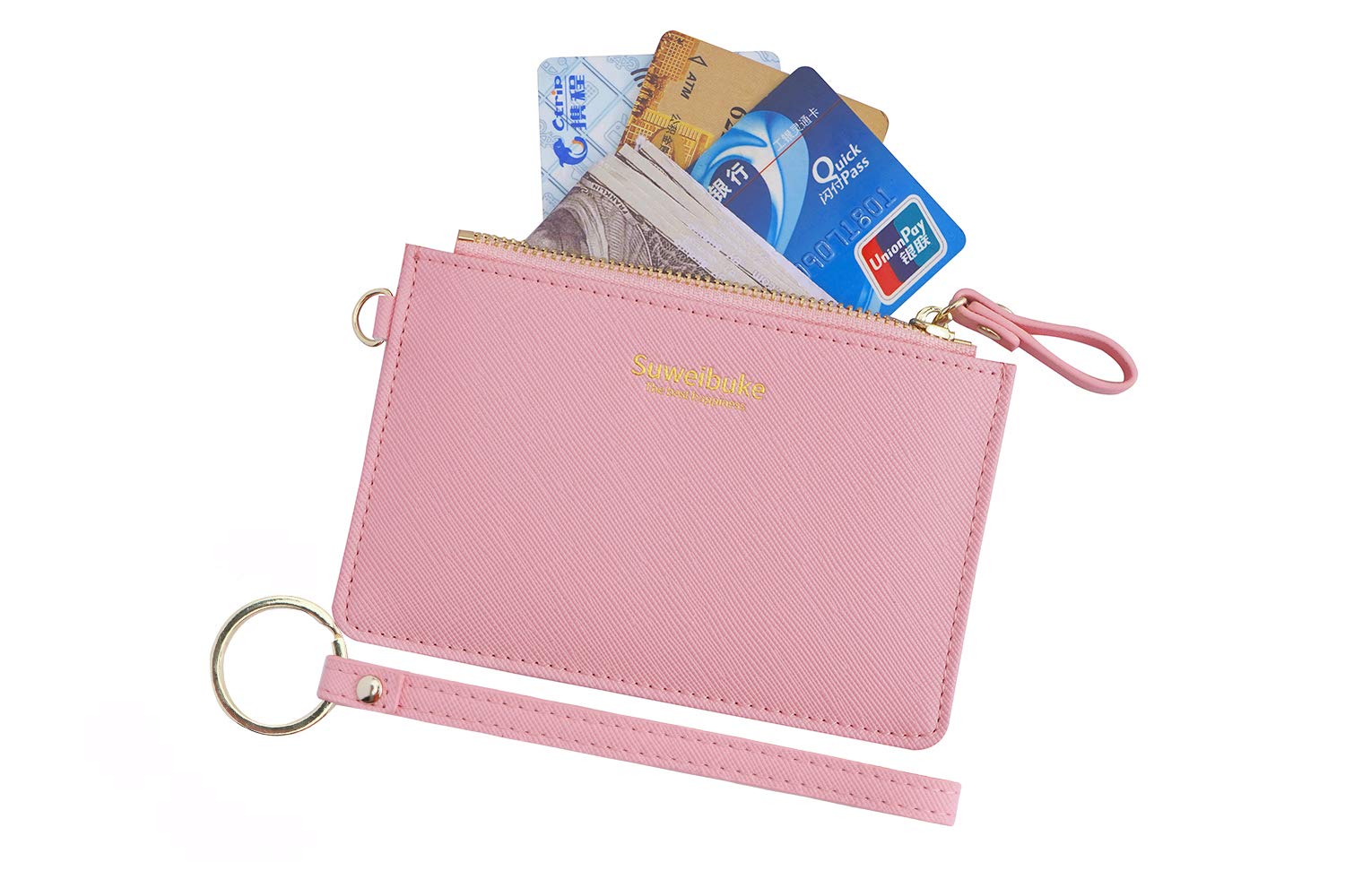 Aiyo Nice Women Slim RFID Card Case Holder Wristlet Zip ID Case Wallet Small Leather Wallet Coin Purse with Keychain