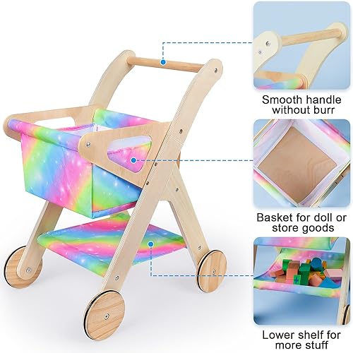 Miniatura 6 de FIOBEE Carrito de compras para niños Carrito de compras de juguete con cesta Juguetes de madera para bebés, carrito de comestibles para niños y