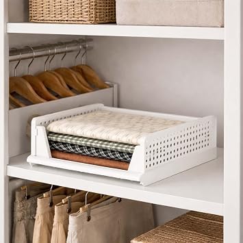 Go Hooked Foldable Wardrobe Organizer with Drawer Style Pull Out Design | Small (44x34x14.5 cm) Shelf Storage Box | Heavy Duty Plastic Shirt Stacker for Cupboard, Almirah & Closet | White