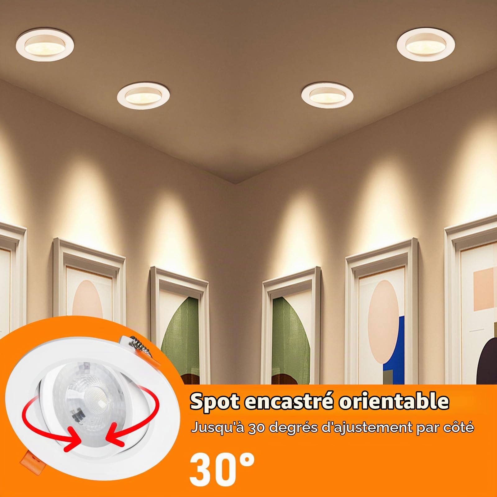 Spot LED Encastrable Orientable, 10W Trou Φ 90-100mm 3000K Warm White 400LM spots de Plafond, 30-60° Extra Plat Spot Salle de Bain IP44, Non Dimmable, Lot de 6