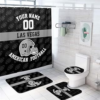 Custom Las Vegas Style Football Shower Curtain 4-Set, Personalized Name and Number, Includes Floor Mat, Toilet Cover Mat, U Mat and Shower Curtain Football Fan Bathroom Decorative