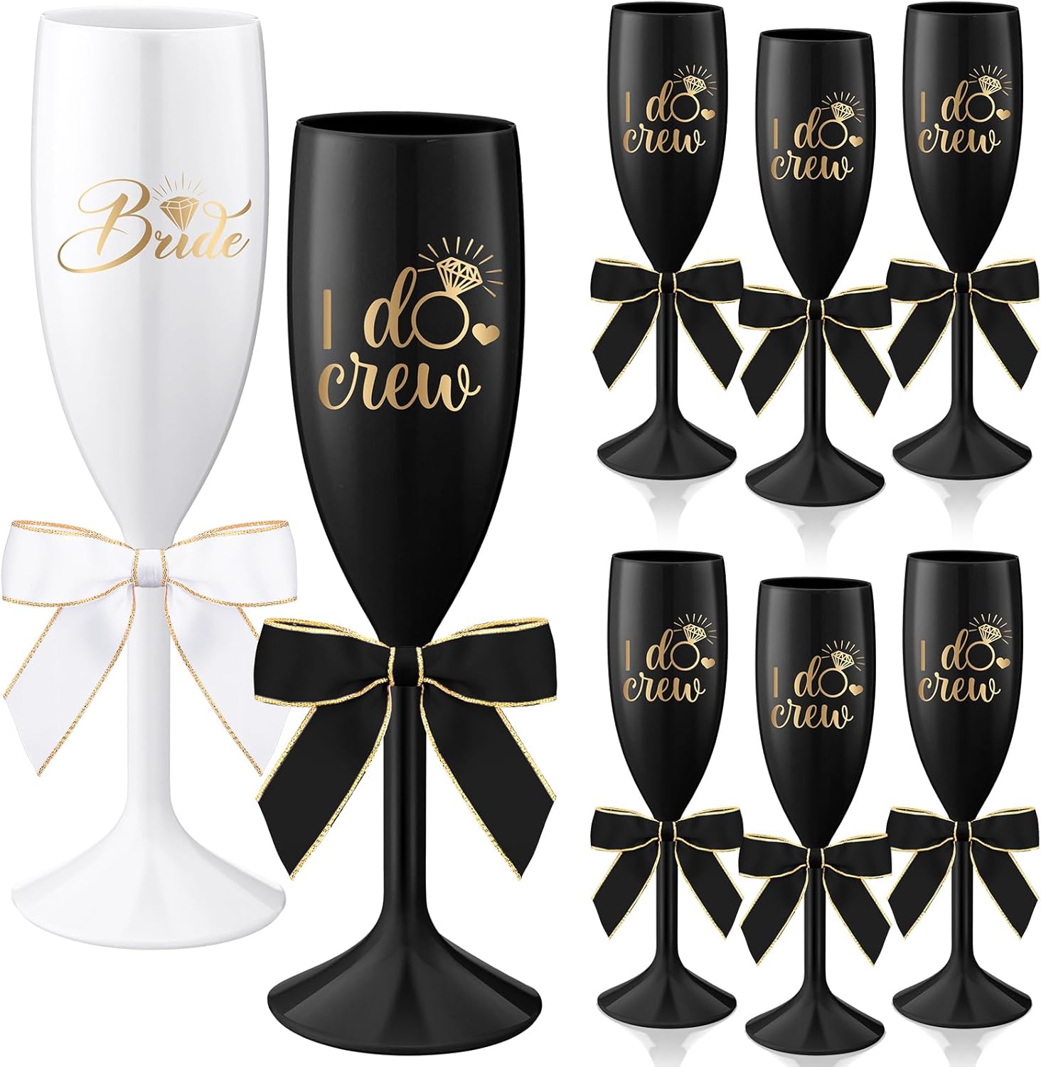 8 Pcs 6OZ Champagne Glasses Flutes and Twist Bow Plastic Wine Glasses Bridal Party Proposal Gifts Party Gifts for Wedding Bridal