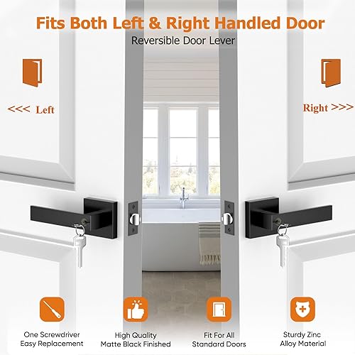 Miniatura 5 de Manijas de puerta para interiores, pomos de puerta interiores, manija de puerta negra con palanca reversible, juegos de cerraduras de puerta con