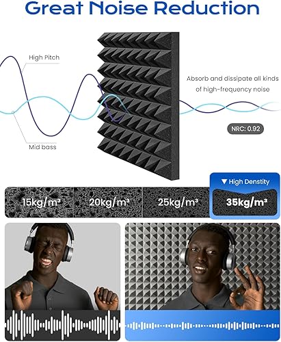 Miniatura 3 de Sonicism Paquete de 48 paneles de espuma piramidal a prueba de sonido con autoadhesivos, paneles acústicos de alta densidad de 12 x 12 x 1 pulgada,