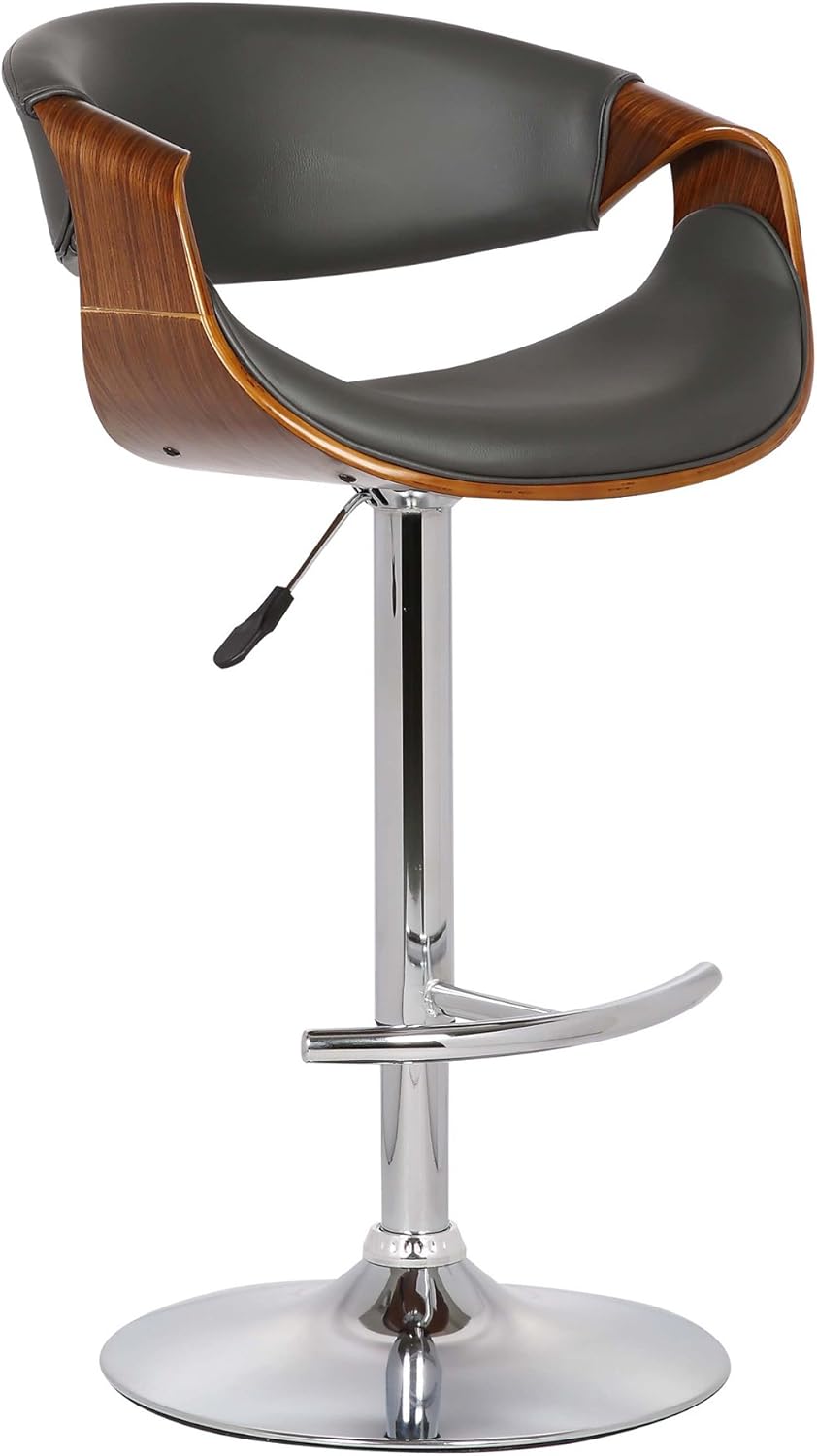 Armen Living Butterfly Swivel Adjustable Barstool in Grey Faux Leather and Walnut Wood Finish Butterfly Gray/Walnut/Chrome