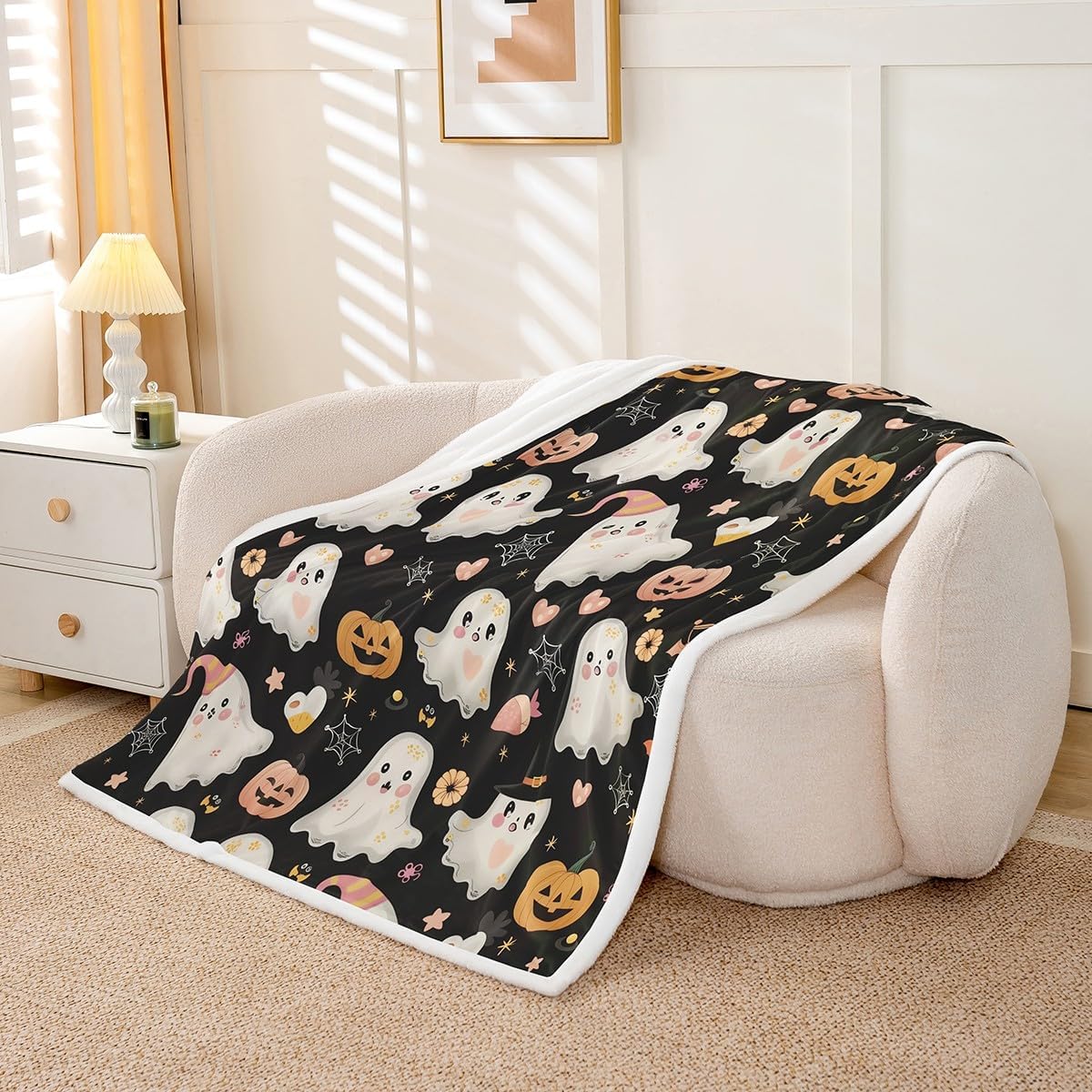 Cute Ghost Flannel Blanket,Watercolor Cartoon Halloween Fuzzy Blanket for Children Present,Kawaii Pumpkin Stars Floral Print Polyester Throw Blanket for Couch, Twin Size (60 x 80 Inch)