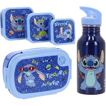 Stitch Lunch Set for Kids - 5 Piece with Lunch Box 3 Snack Boxes & Water Bottle - Blue Set for Boys & Girls - Ideal for School Nursery & Trips