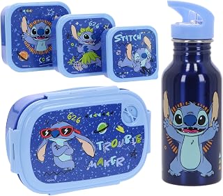 Stitch Lunch Set Blue Lunch Box for Kids, Water Bottle and 3 Snack Boxes