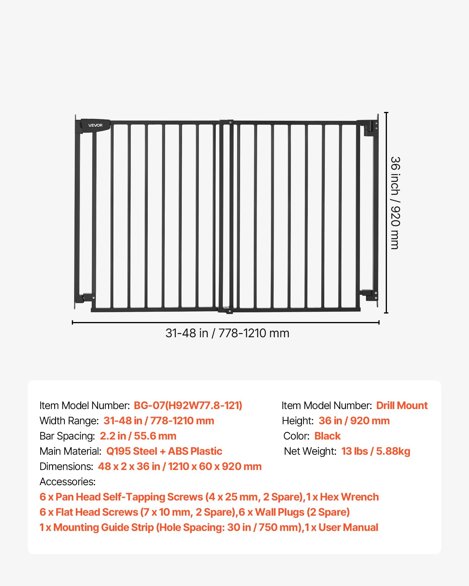 VEVOR Barrera de Seguridad para Niños, Alto de 920 mm, Ancho Ajustable de 778-1210 mm, Valla de Seguridad para Perros y Gatos, con Kit de Accesorios de Montaje, para Escaleras Puertas Hogar, Negro