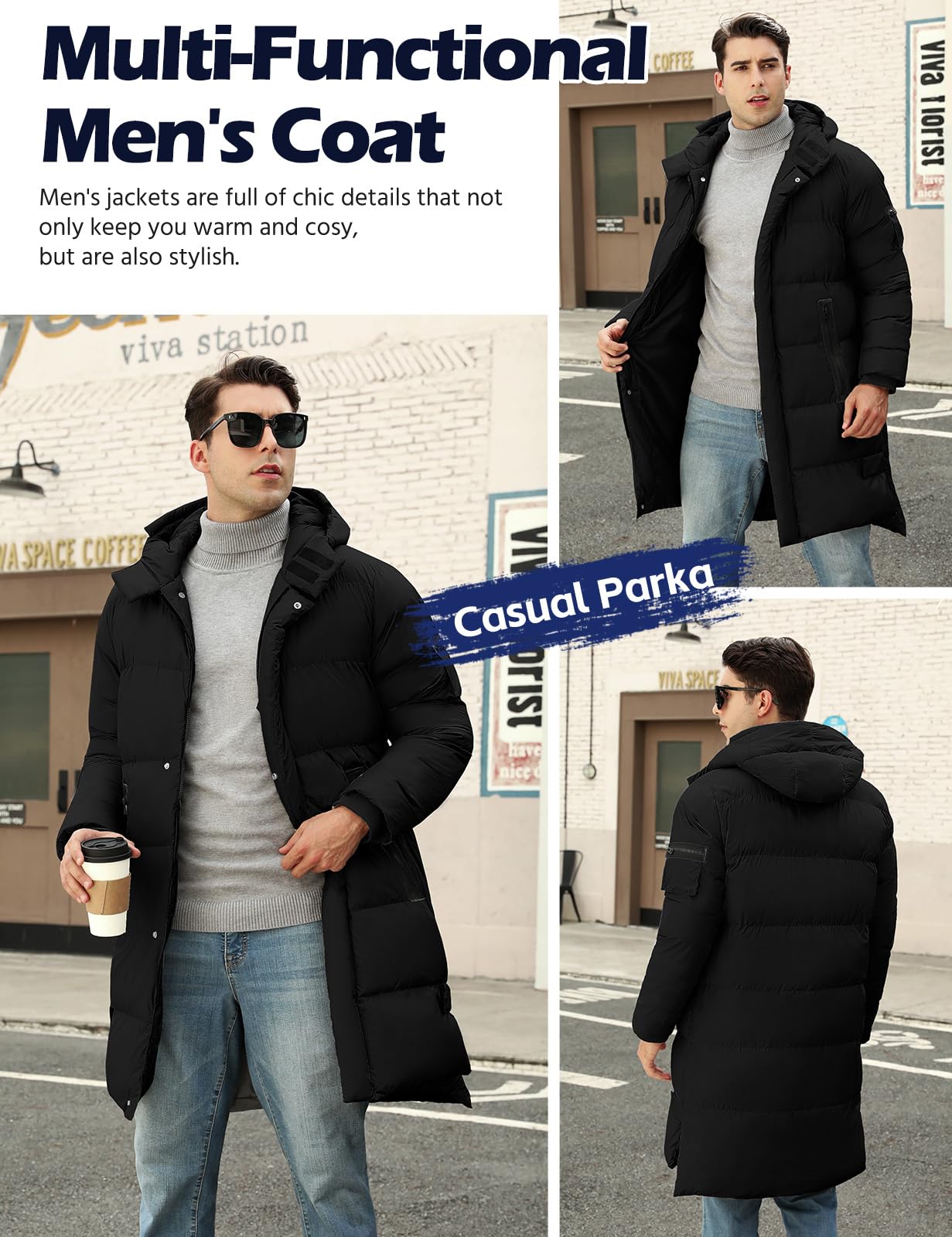 Yuson Gir Abrigo Hombre Chaqueta Largo Hombre Invierno Ligero y Resistente Agua Parka Grueso Cazadora con Capucha Cálido Acolchado Abrigos Cremallera Viento Coat Chaquetón