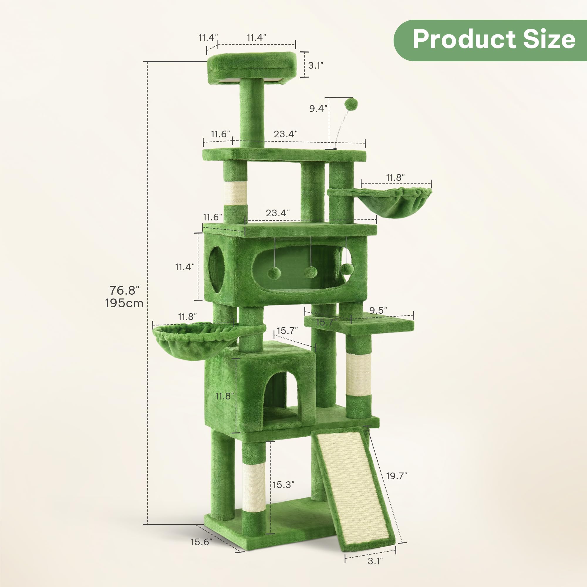 Homiflex 76in Cat Tree for Indoor Cats, Cat Tree Tower with Scratching Posts, Cat Tower w/Hanging Balls, Multi-Level Condo Cozy Hammock, House, Large Flat Platforms, Green
