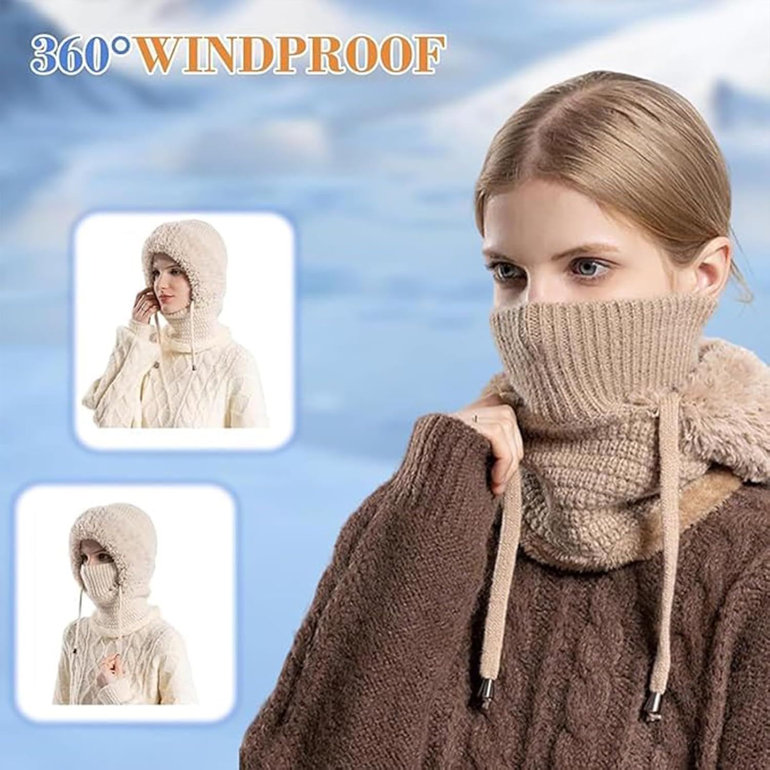3 in 1 Beanie Hat for Women, Women's Knitted Hat in Autumn and Winter, 3 in 1 Beanie Hat with Scarf and Mask Beige - Image 5