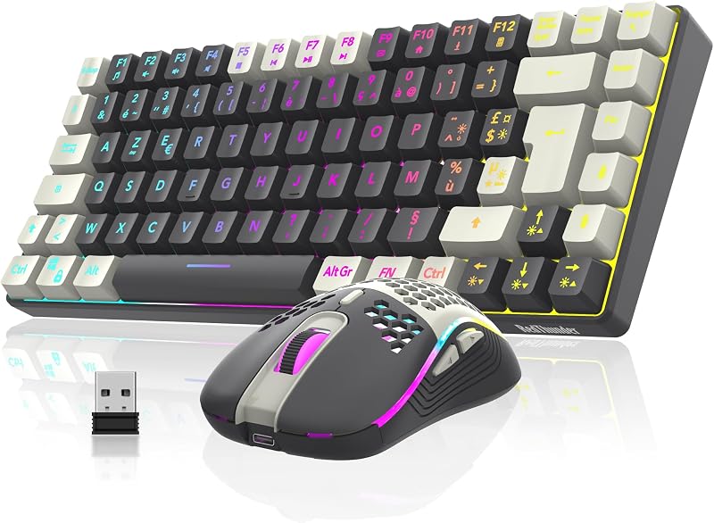 RedThunder K84 Vezeték Nélküli Billentyűzet és Egér Szett RGB Háttérvilágítással, Újratölthető, 3200 DPI, Méhsejt Mintázat, Fehér-Szürke