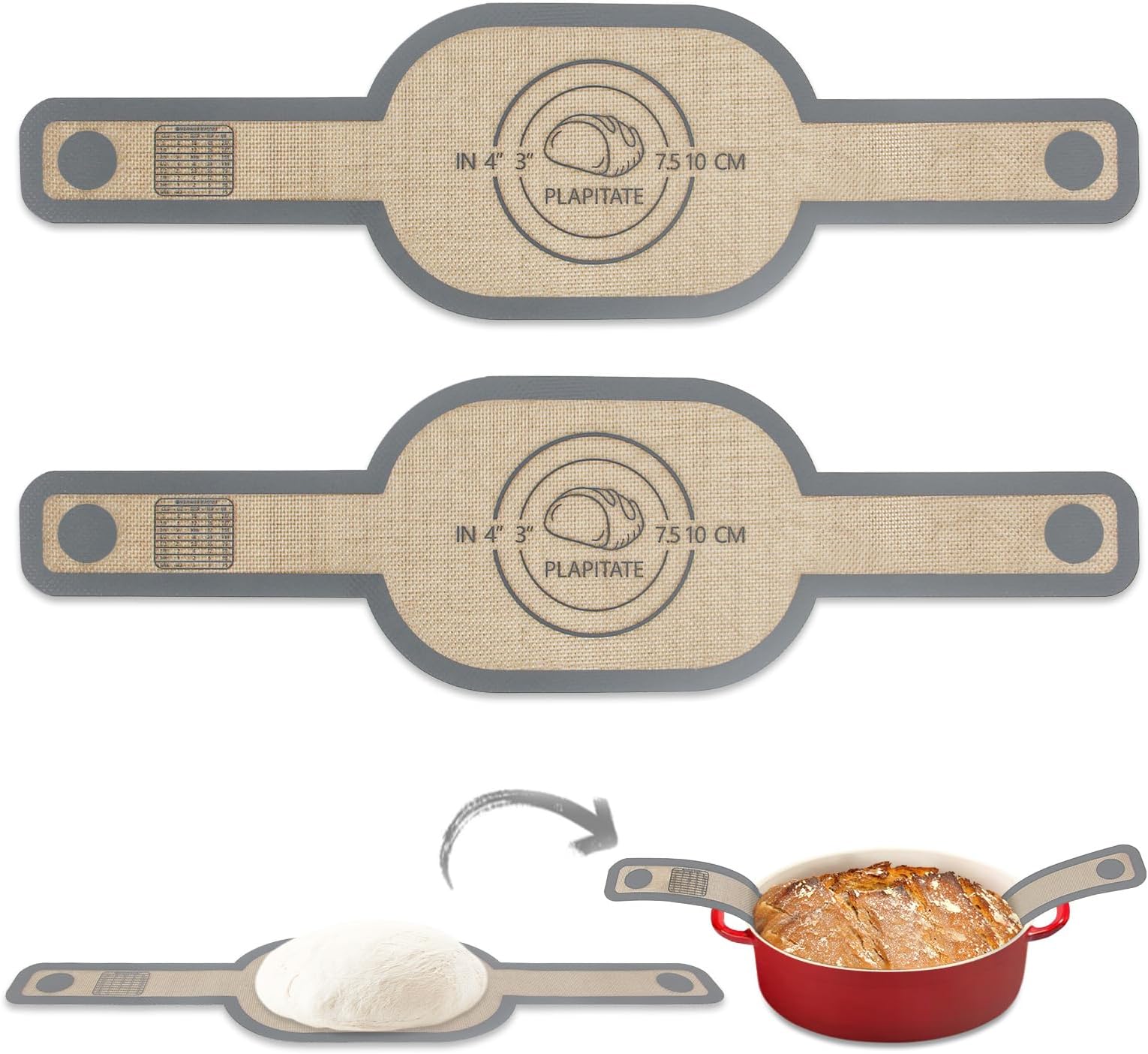 Silicone Bread Sling, Non-Stick & Easy Clean Reusable Oval Silicone Baking Mat with Long Handles, Ideal for Sourdough Bread, Cookies, Macarons & More - 2 Gray Set