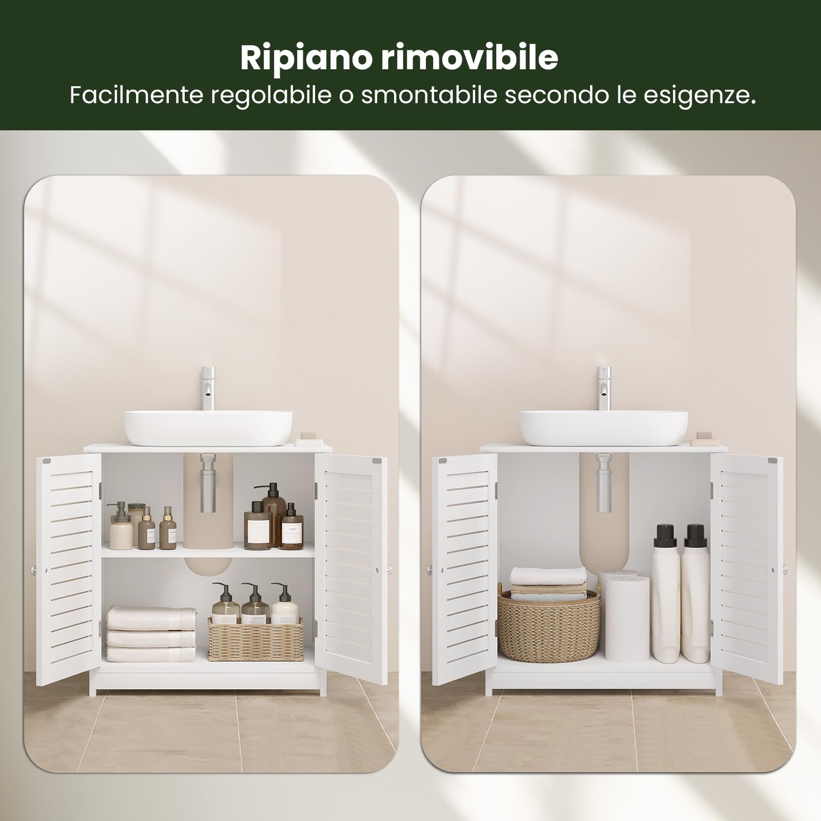 EUGAD Mobiletto Sottolavabo Sottolavello Bianco Armadietto sotto Lavandino per Bagno con Due Ante in Legno