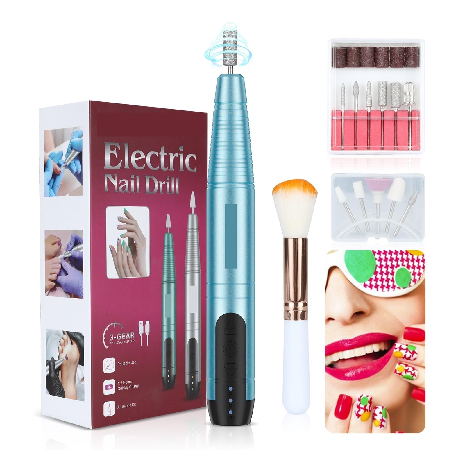 Obcinacz do paznokci, Bezprzewodowa wiertarka do paznokci pilnik elektryczny, akumulatorowa szlifierka do paznokci, przenośny zestaw wiertarki do paznokci do manicure i pedicure(Sky blue kit)