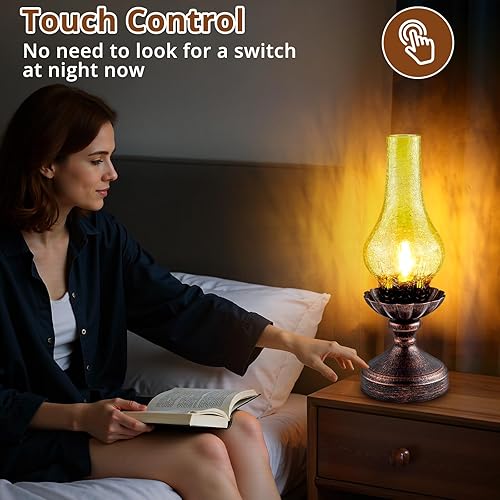 Miniatura 2 de Touch Control Vintage Table Lamp | 3-Way Dimmable Rustic Retro Farmhouse Bedside Lamp with Amber Glass Shade and LED Bulb for Bedroom, Living Room,