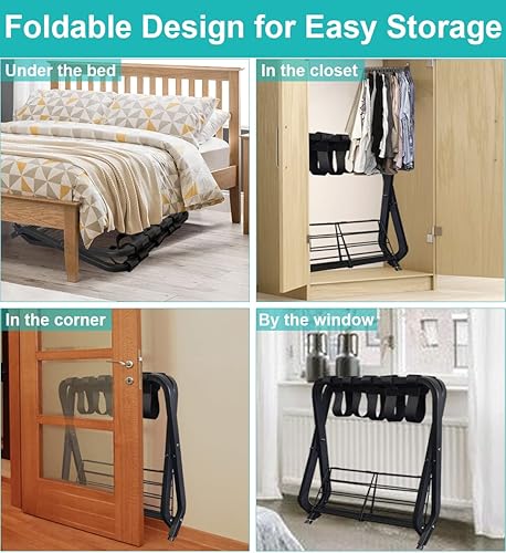 Miniatura 6 de Portaequipajes plegable con estante de almacenamiento de 2 niveles, organizador de equipaje plegable con marco de acero para maleta, soporte de