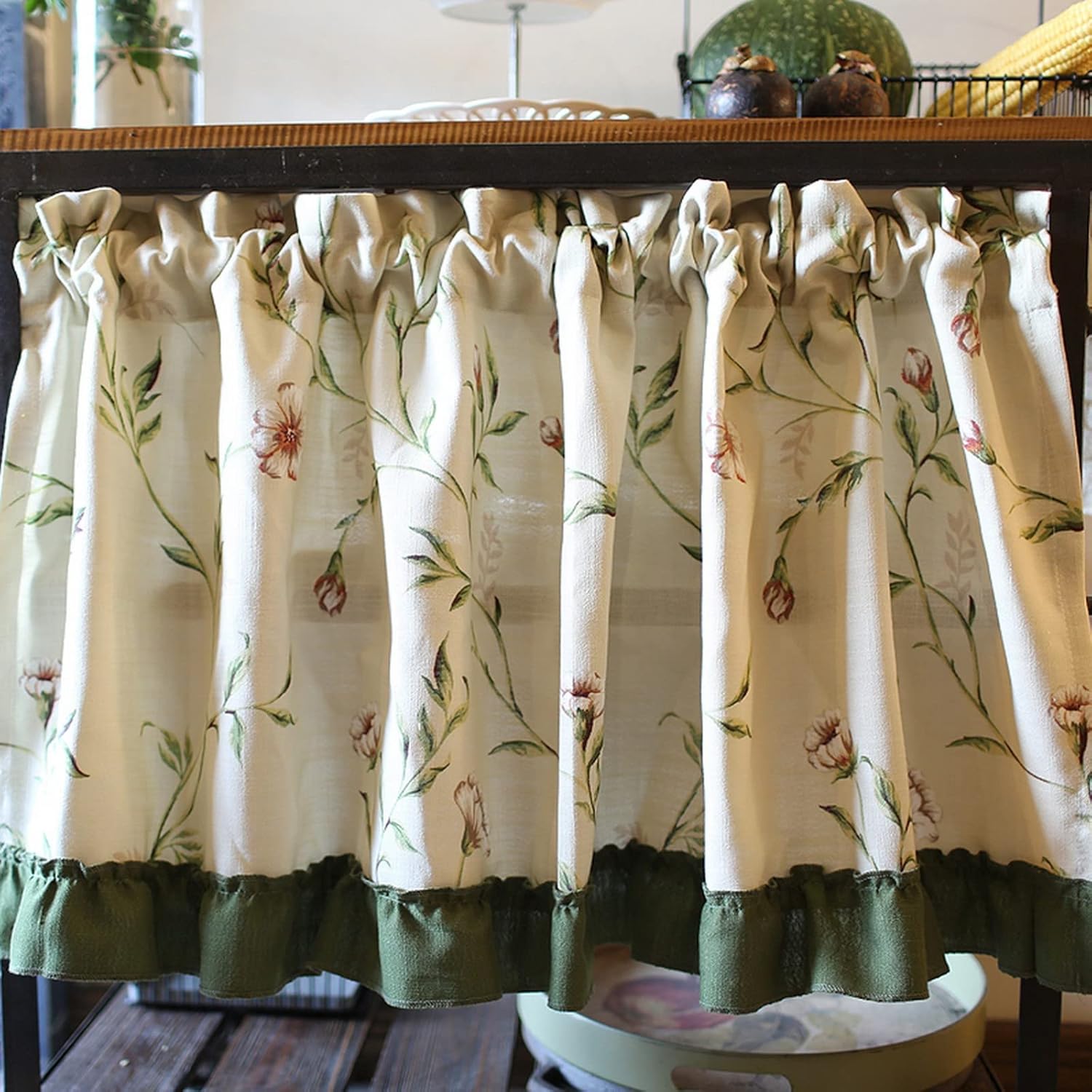 A.Monamour Short Curtain for Small Window Farmhouse Cotton and Linen Beige Floral Opaque Window Treatment Valance Window Panel Drapes Half for Kitchen Café Bedroom Cabinet Door Curtain