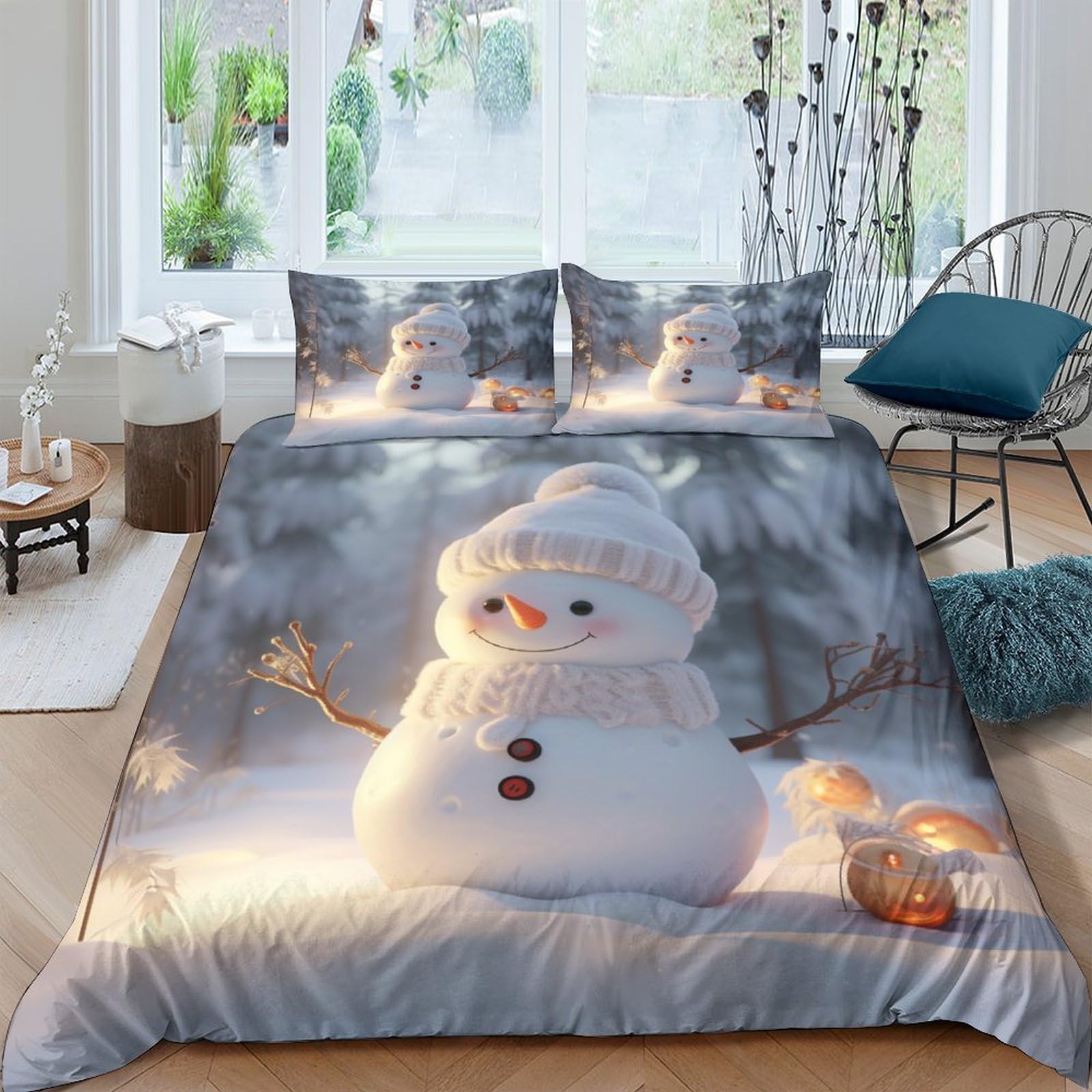 GAOYUCHUN Scarf Snowman Duvet Cover 3 PCS Hotel Quality Quilt Cover Bedding Bed Covers with Pillowcases with Zipper Closure Breathable Stylish Comforter Double（200x200cm）