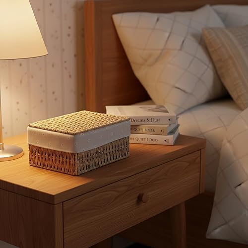 Miniatura 7 de Cesta de almacenamiento de cuerda de papel caqui tejida a mano con tapa, pequeña caja organizadora de tejido neutro con marco de metal y forro