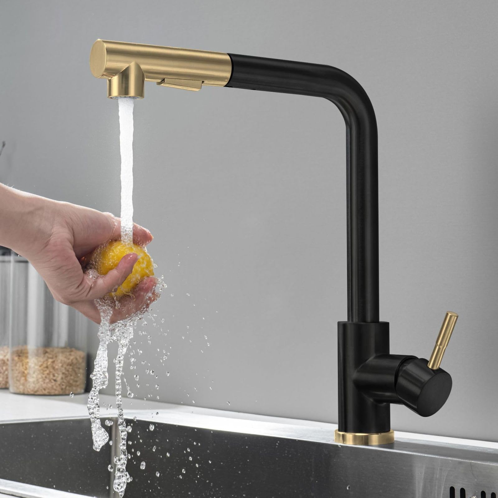 Grifo extraíble de cocina negro con grifo de fregadero jaspeado dorado cepillado, cepillado con negro