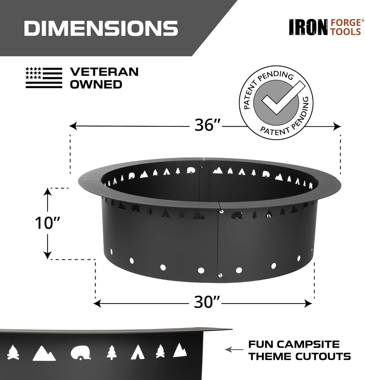 Iron Forge Tools 36" Fire Pit Ring & 24" Firewood Rack with Cover - Heavy Duty Outdoor Smokeless Metal Insert & Steel Log Holder for Year-Round Use