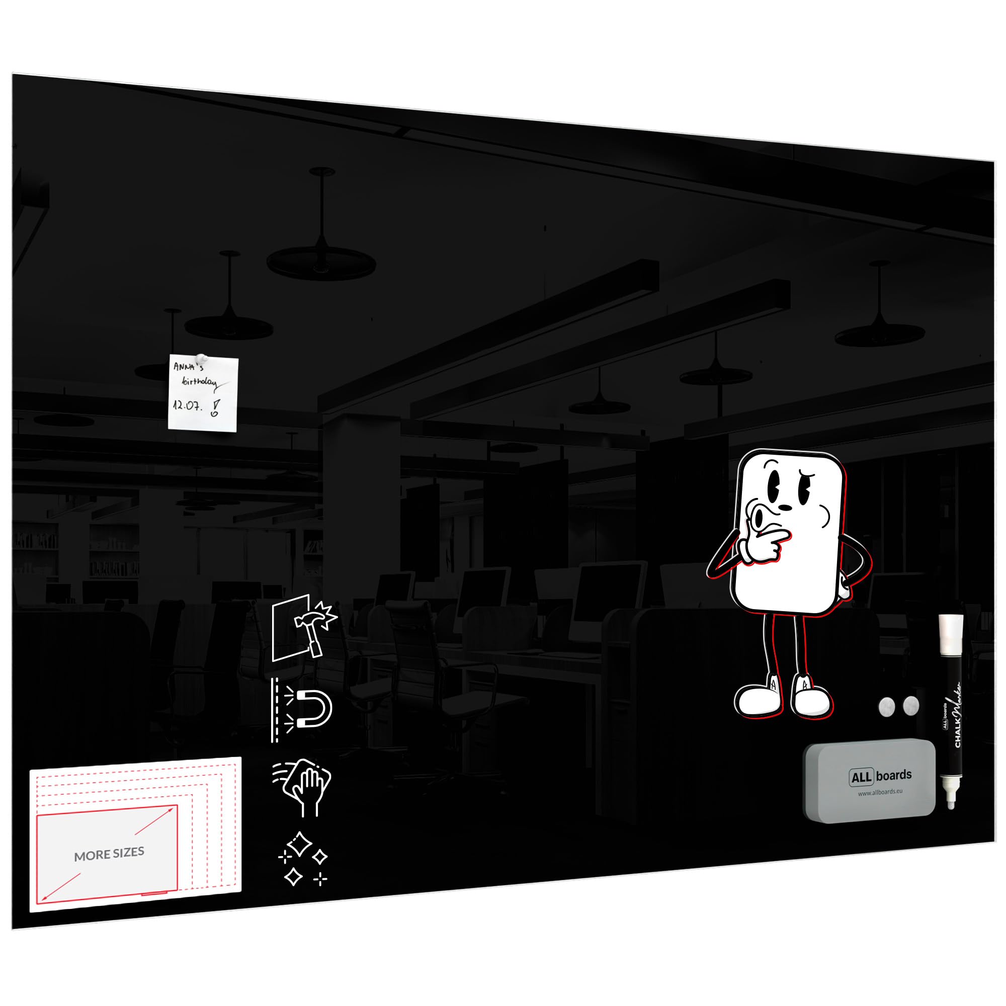 ALLboards Frameless Black Glass Magnetic Board, 150x100cm, Tempered Glass Writing Board โ image 1