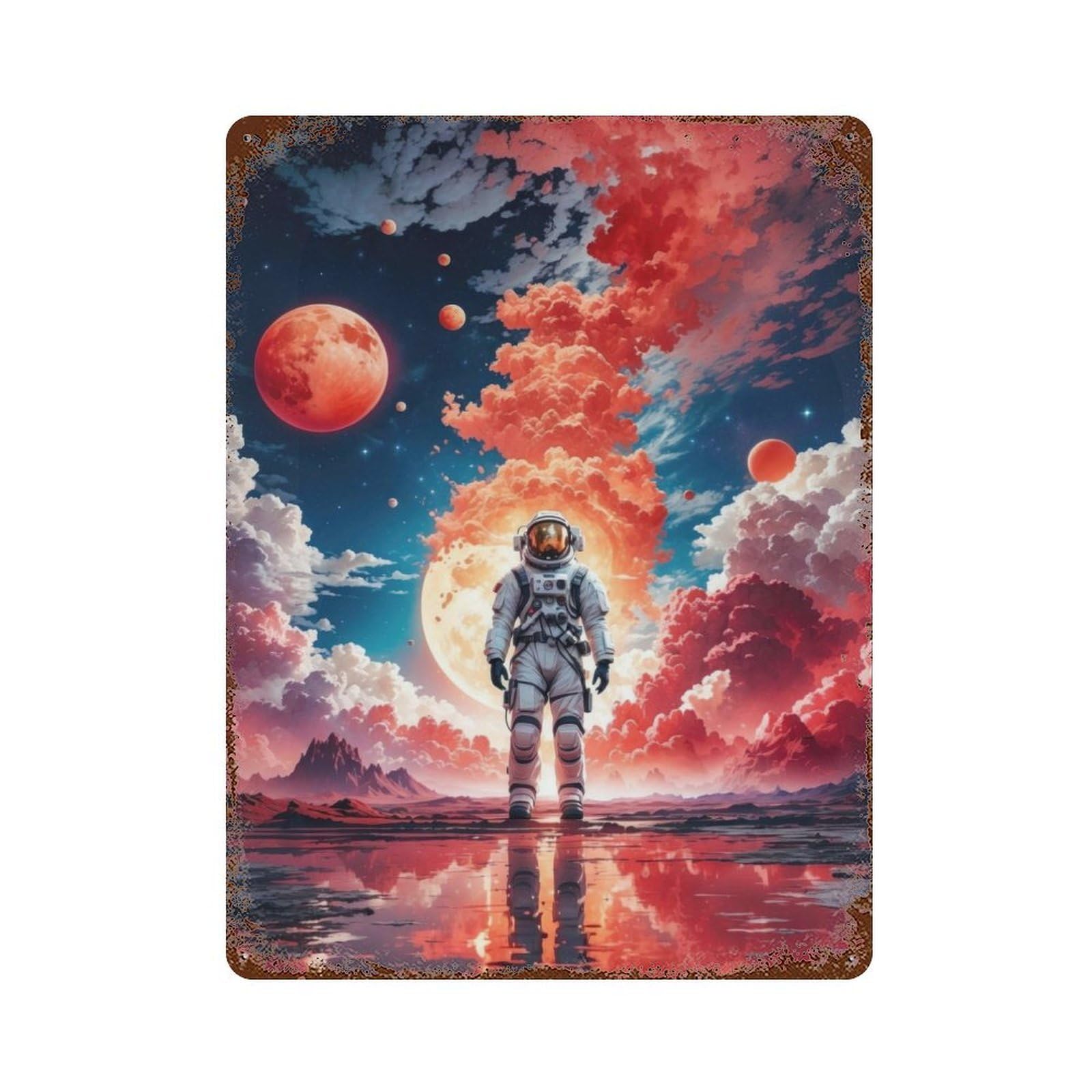 Red Space Astronaut Moon Rusty Metal Tin Sign 15.7"x11.8", for Pub, Kitchen And Man Cave Decor, Novelty Wall Decor