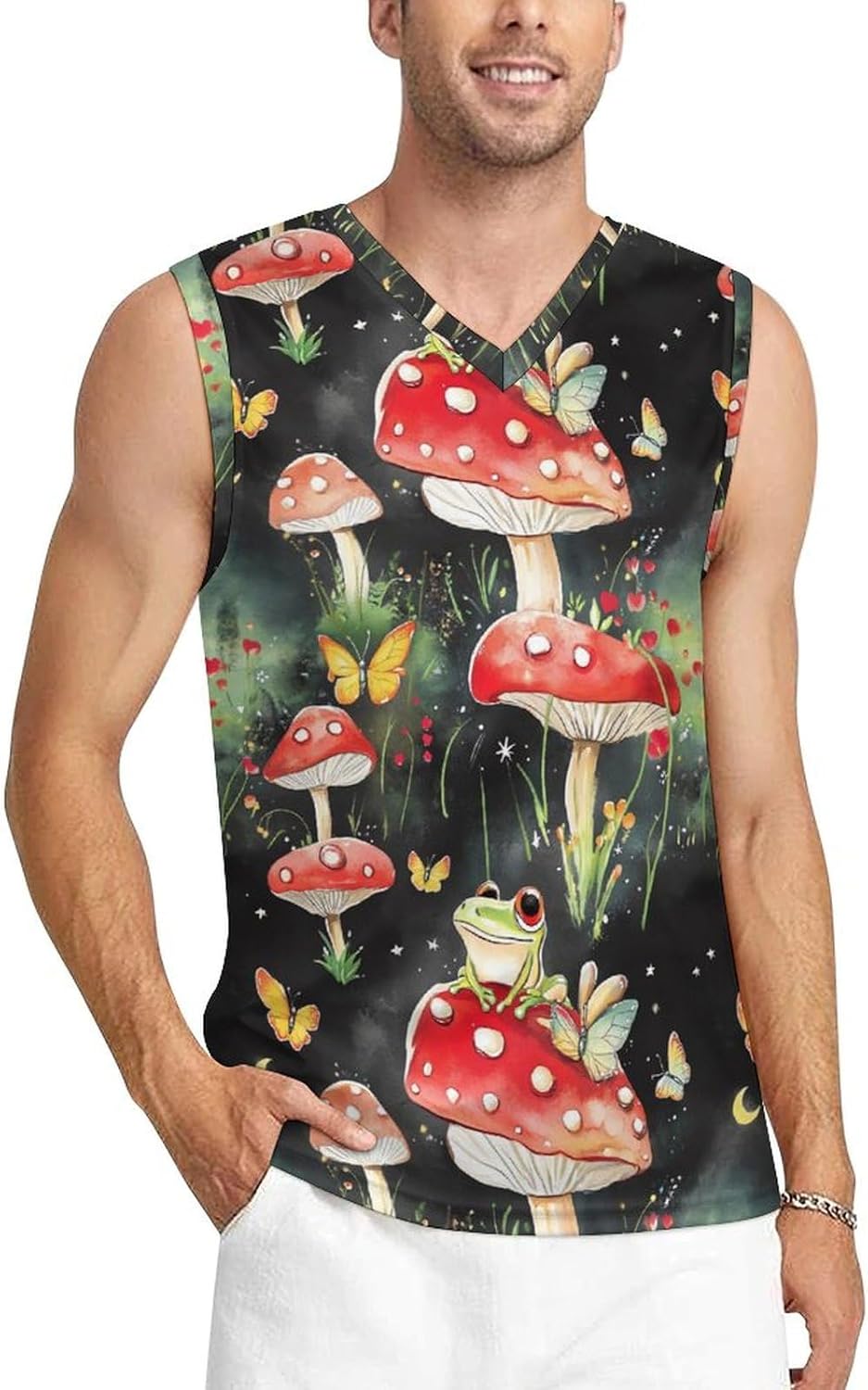 Frog Mushroom Butterfly Mist Men's V-Neck Basketball Tank Top Sleeveless Workout Tank Shirts Gym Fitness Tees Vest