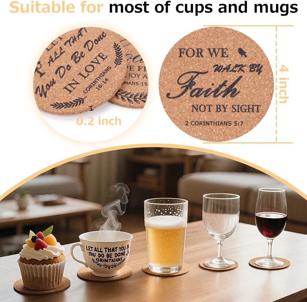 50Pcs Christian Coasters Bulk for Drinks with Bible Verses 4" Christian Church Drink Coasters with Cork for Coffee Table Church Present Home Decor