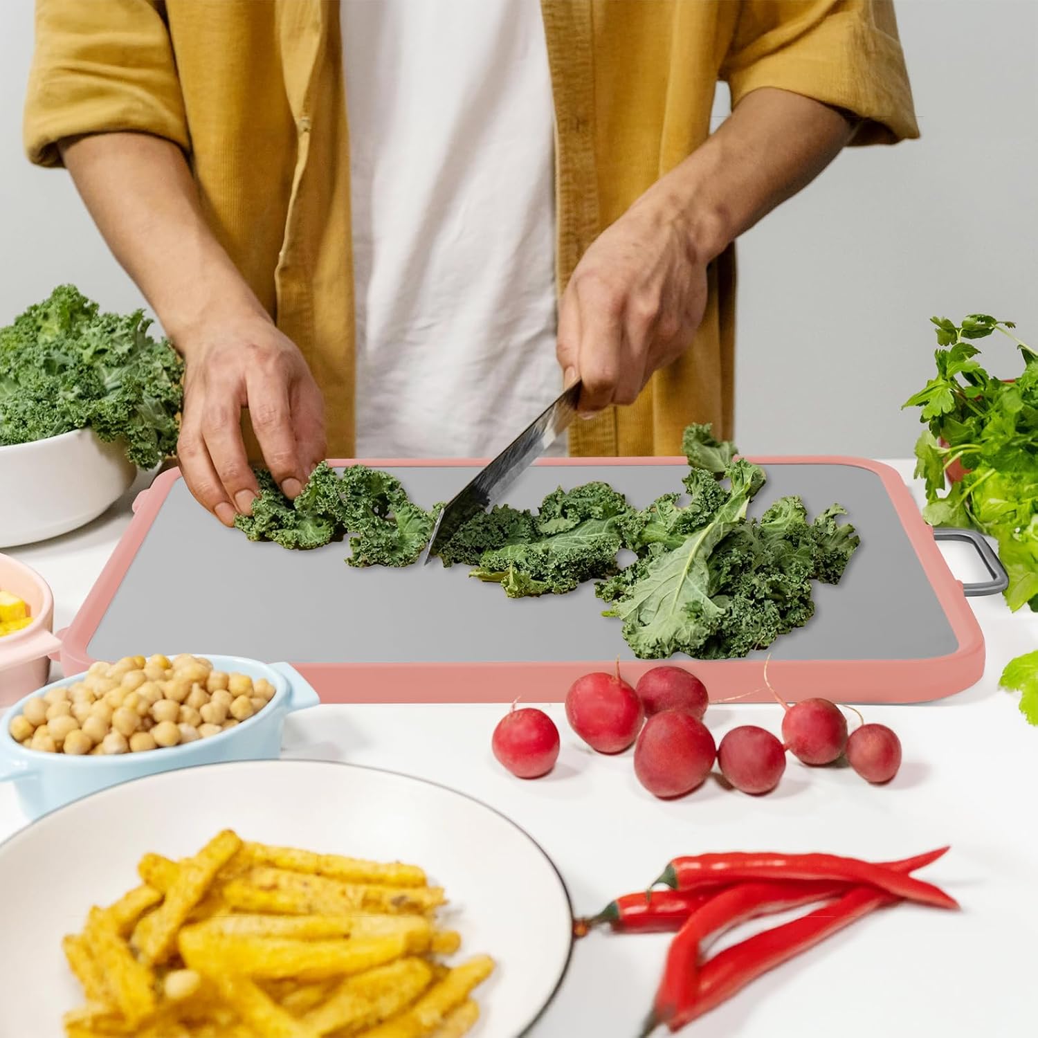 Stainless Steel Cutting Board, Double Sided Cutting Boards for Kitchen, Stainless Steel and Wheat Straw PP Large Chopping Board.Dishwasher safe. (PINK)