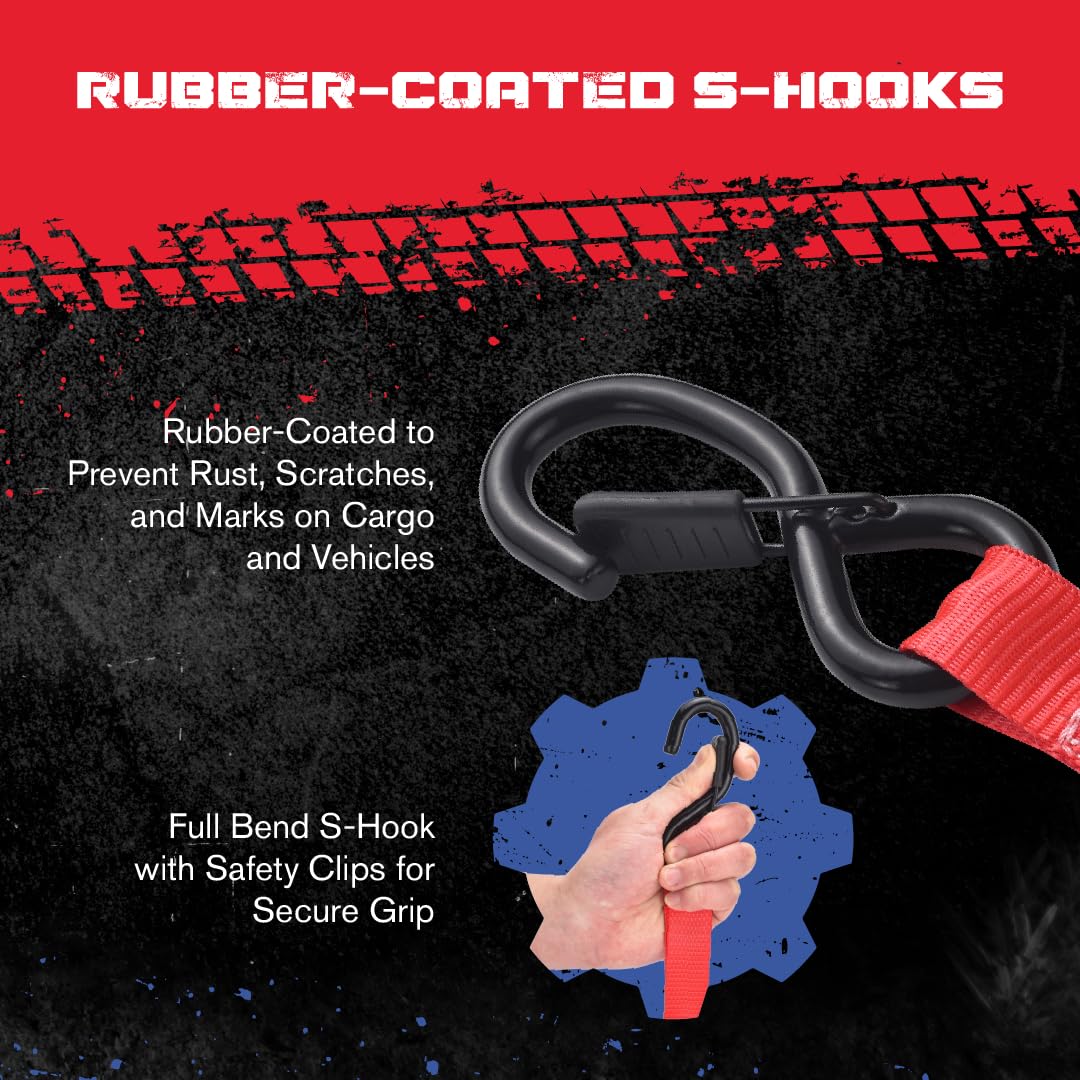 GearAmerica - Cinghie a cricchetto resistenti da 4,1 cm x 4,1 cm, kit di fissaggio per carichi, camion, moto, resistenza alla rottura di 826,9 kg con passanti morbidi, ganci a S rivestiti in gomma con