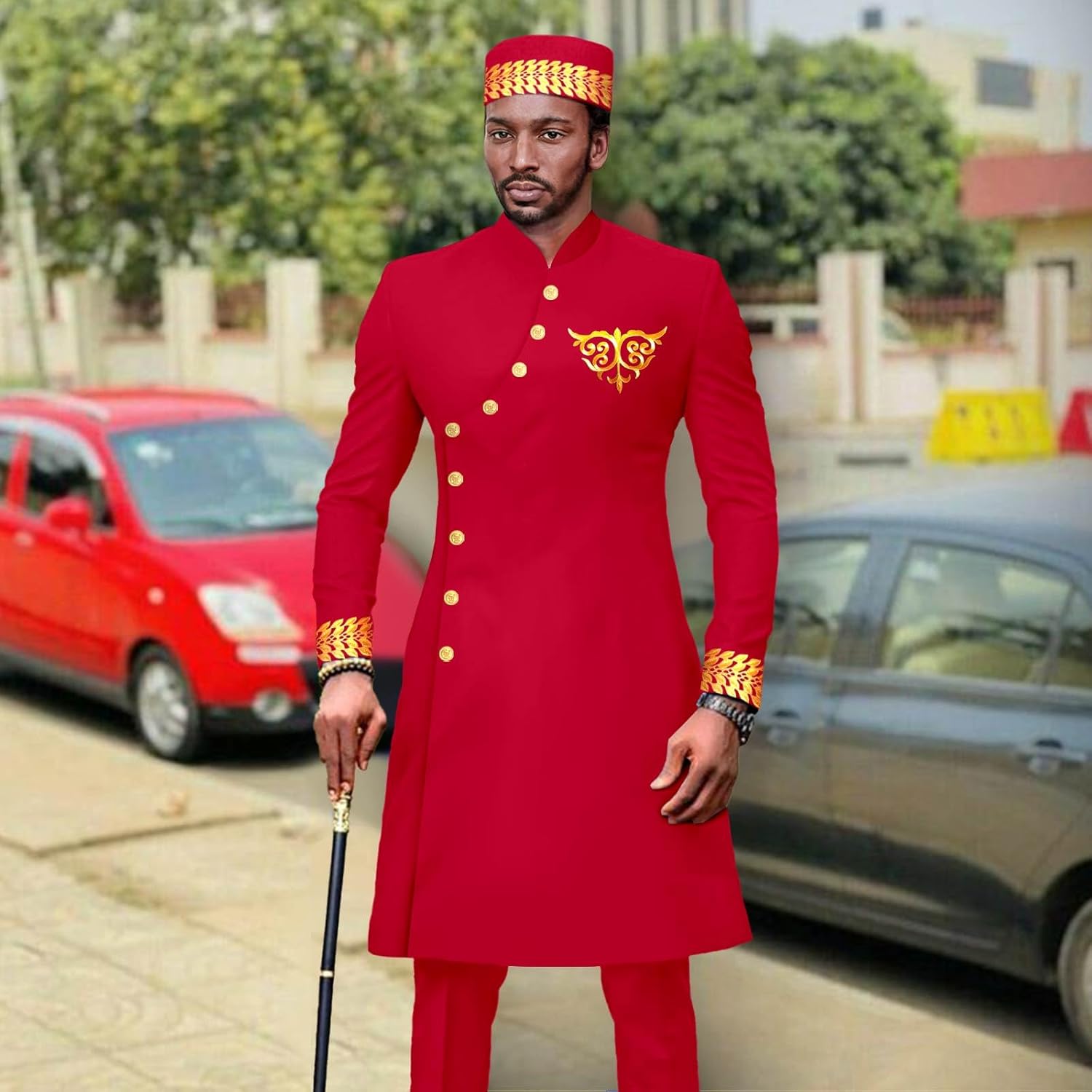 African Suits for Men Slim Fit Blazer Embroidery Jacket and Trousers Match Muslim Caps 3 PCS Set