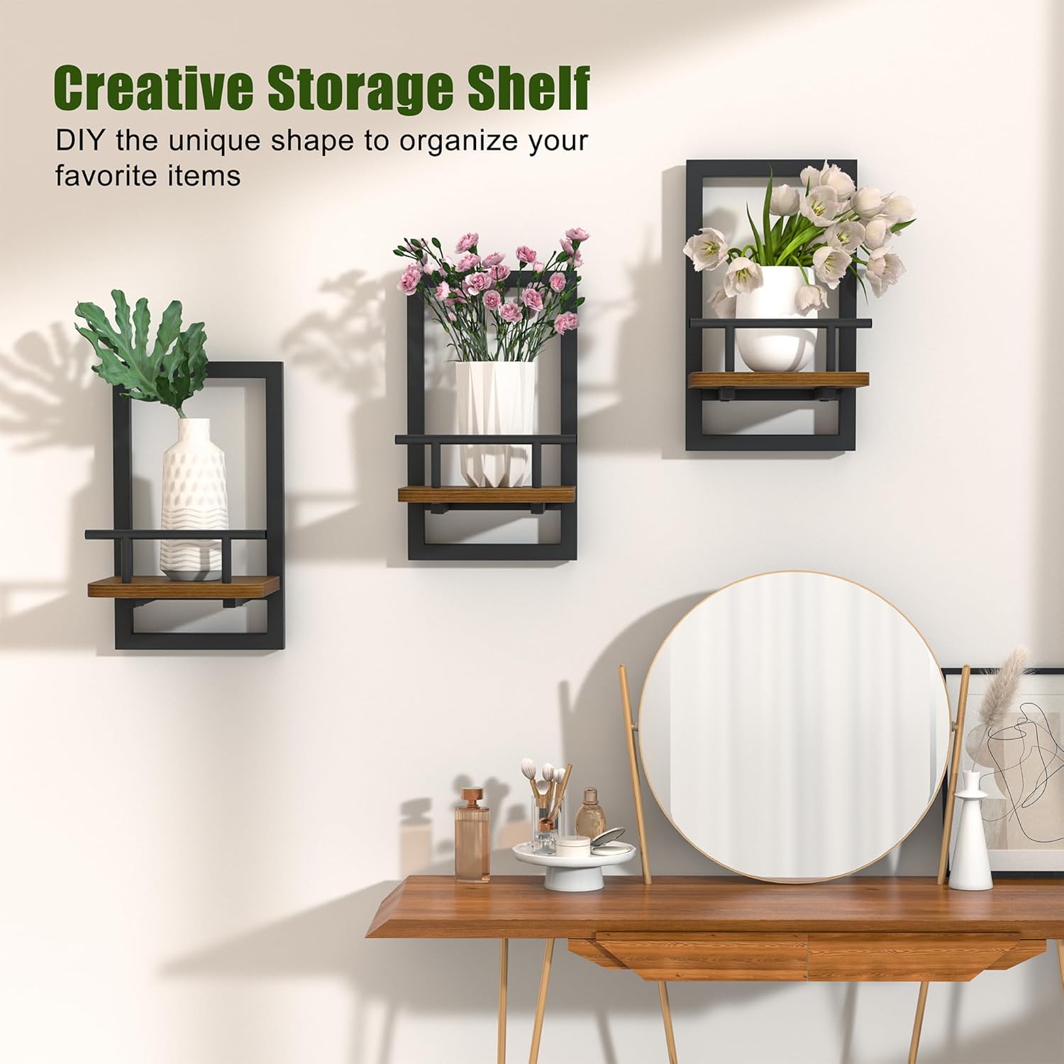 2-Pack Floating Shelves for Indoor Plants, Wall Mounted Storage Shelves for Bedroom, Living Room, Kitchen, Office, Bathroom Decor