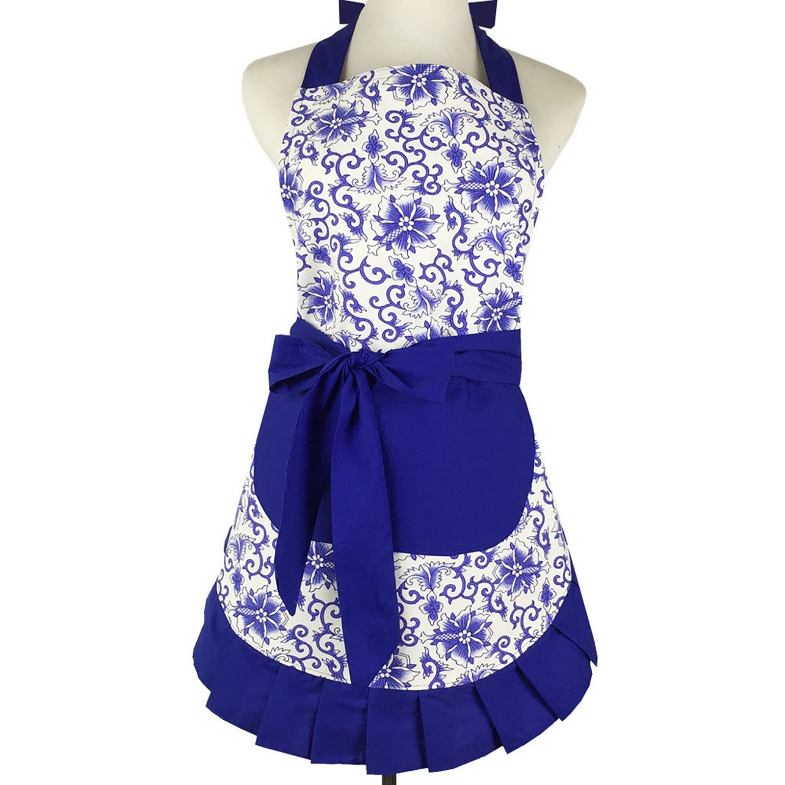 Jolis Tabliers Tablier en toile coton imprimé porcelaine bleu et blanc grand tablier à lacets de poche pour la Cuisine la Pâtisserie et le Jardinage